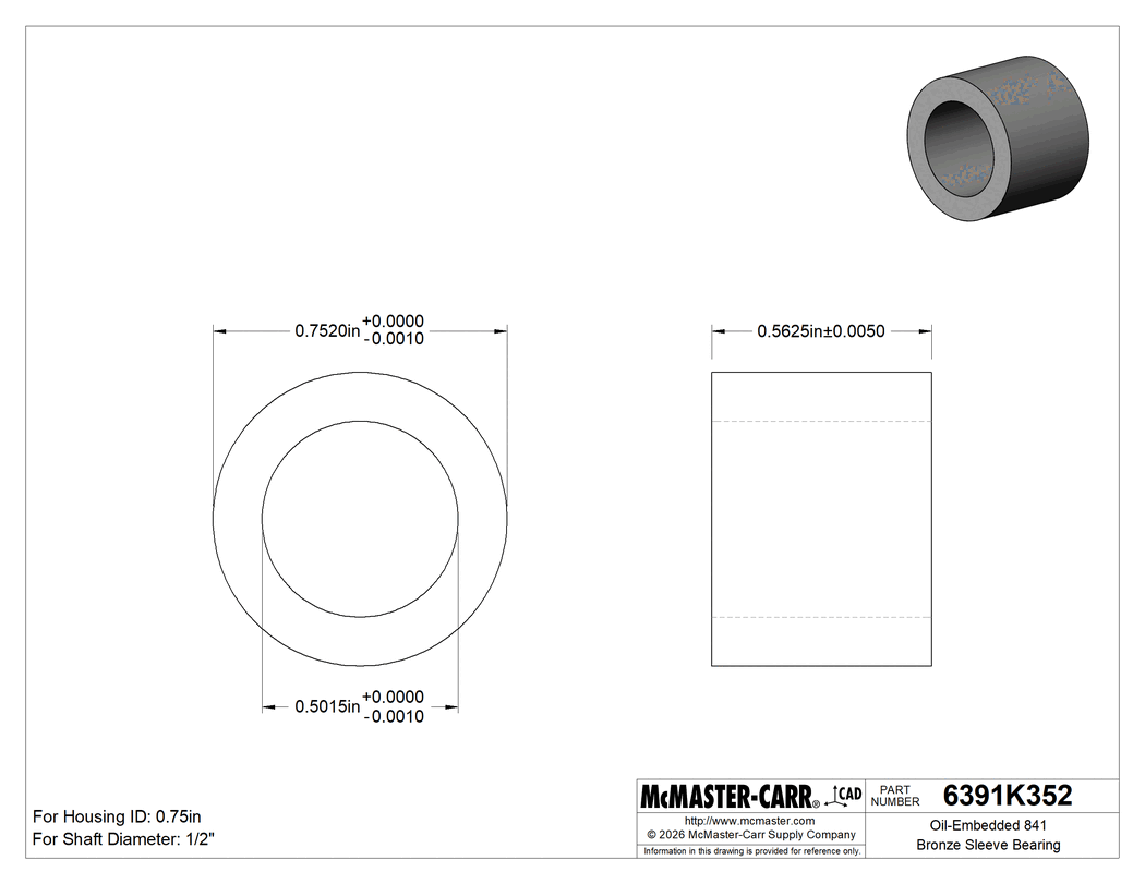 Technical Drawing of Oil-Embedded 841 Bronze Sleeve Bearing, for 1/2" Shaft Diameter and 3/4" Housing ID, 9/16" Long.